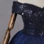 Vintage / Retro Navy Blue Beading Sequins Prom Dresses 2023 Ball Gown Off-The-Shoulder Short Sleeve Backless Floor-Length / Long Formal Dresses