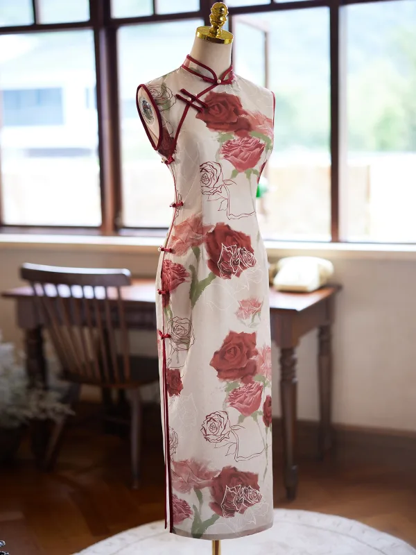 Chinese style Beige Printing Tea-length Cheongsam 2024 Trumpet / Mermaid High Neck Sleeveless