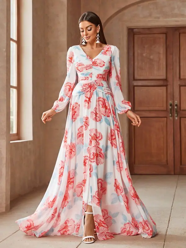 Chic / Beautiful White Printing Prom Dresses 2025 A-Line / Princess Chiffon V-Neck Long Sleeve Backless Floor-Length / Long Prom Formal Dresses