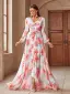 Chic / Beautiful White Printing Prom Dresses 2025 A-Line / Princess Chiffon V-Neck Long Sleeve Backless Floor-Length / Long Prom Formal Dresses