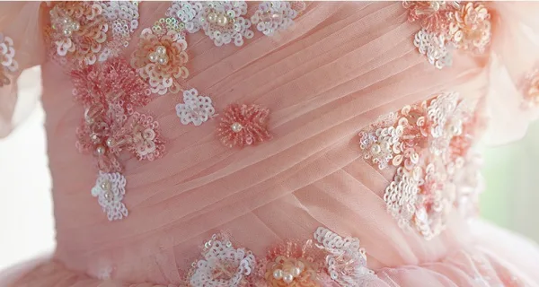 Chic / Belle Rougissant Rose Perle Paillettes Courte Anniversaire Robe Ceremonie Fille 2024 Robe Boule Encolure Dégagée Mancherons Tulle