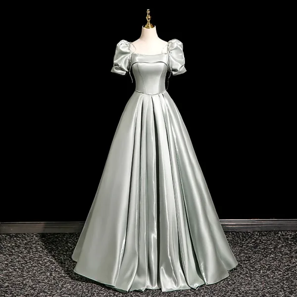 Demure Grey Satin Prom Dresses 2025 Ball Gown Square Neckline Short Sleeve Backless Bow Floor-Length / Long Prom Formal Dresses