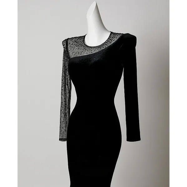 Sexy Black Beading Evening Dresses 2026 Trumpet / Mermaid Scoop Neck Long Sleeve Floor-Length / Long Formal Dresses