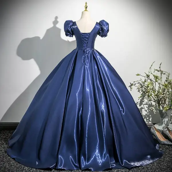 Vintage / Retro Navy Blue Beading Appliques Prom Dresses 2025 Ball Gown Square Neckline Puffy Short Sleeve Backless Floor-Length / Long Prom Formal Dresses