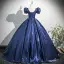 Vintage / Retro Navy Blue Beading Appliques Prom Dresses 2025 Ball Gown Square Neckline Puffy Short Sleeve Backless Floor-Length / Long Prom Formal Dresses