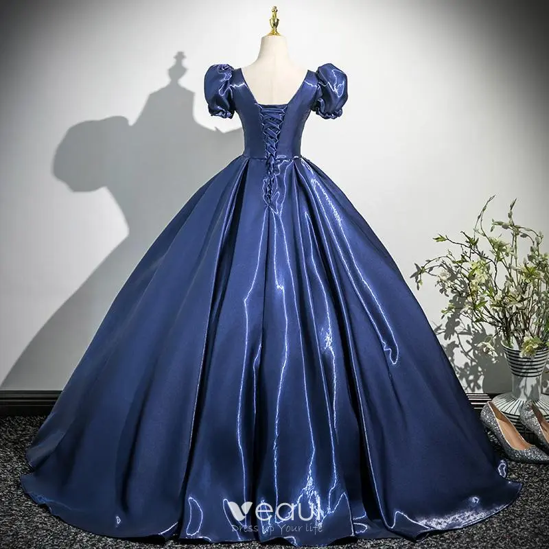 A-line Floor-length Navy Blue Beading Lace Tulle Prom Dresses, PD0693