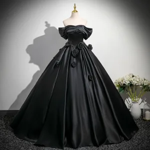 Élégant Noire Appliques Satin Robe De Bal 2025 Robe Boule De L Épaule Manches Courtes Dos Nu Longue Promo Robe De Ceremonie