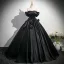 Elegant Black Appliques Satin Prom Dresses 2025 Ball Gown Off-The-Shoulder Short Sleeve Backless Floor-Length / Long Prom Formal Dresses