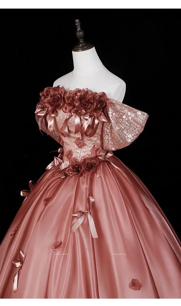 Dreamy Rose Gold Sequins Bow Appliques Prom Dresses 2026 Ball Gown Off-The-Shoulder Short Sleeve Backless