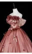 Dreamy Rose Gold Sequins Bow Appliques Prom Dresses 2026 Ball Gown Off-The-Shoulder Short Sleeve Backless
