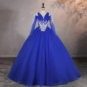 Vintage Retro Royal Blue Beading Pearl Rhinestone Prom Dresses 2025 Ball Gown V Neck Sleeveless Backless Floor Length Long Formal Dresses