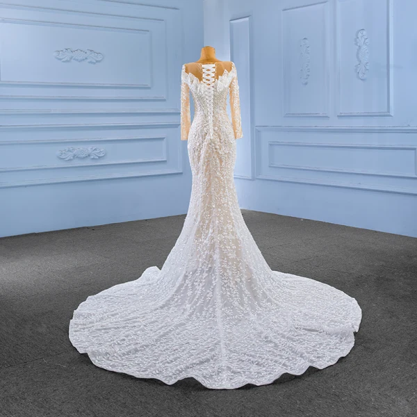 High-end White Pearl Sequins Beading Wedding Dresses 2023 Trumpet / Mermaid Scoop Neck Long Sleeve Chapel Train Wedding