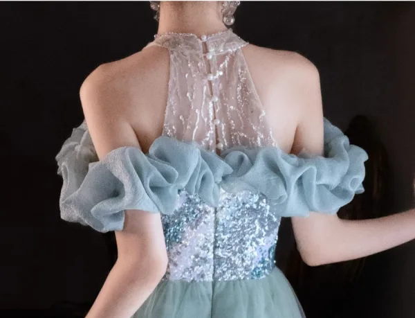 Chic / Belle Vert Citron Perlage Paillettes Robe De Bal 2025 Princesse Encolure Dégagée Manches Courtes Longue Promo Robe De Ceremonie