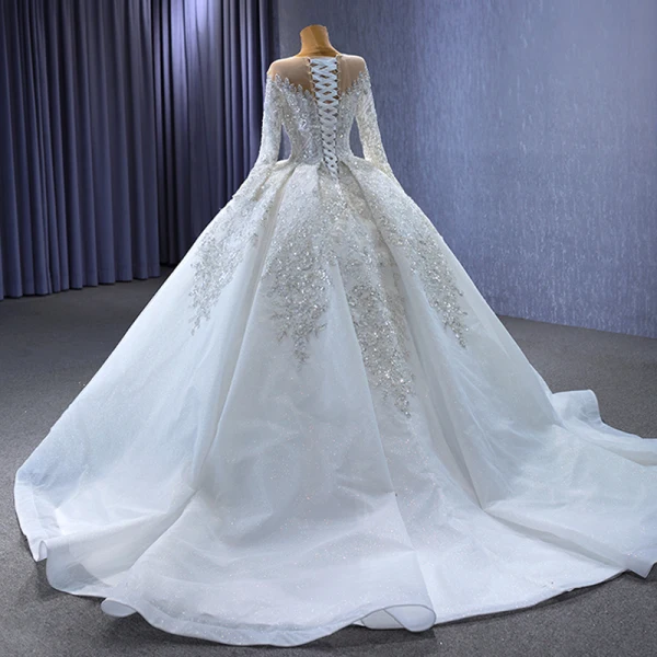 Luxury / Gorgeous White Handmade  Beading Rhinestone Pearl Sequins Wedding Dresses 2023 Ball Gown Scoop Neck Long Sleeve Backless Court Train Wedding