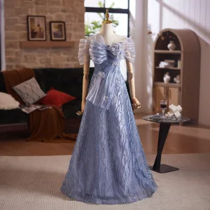 Sparkly Ocean Blue Glitter Sequins Prom Dresses 2025 A Line Princess Off The Shoulder Short Sleeve Backless Floor Length Long Prom Formal Dresses
