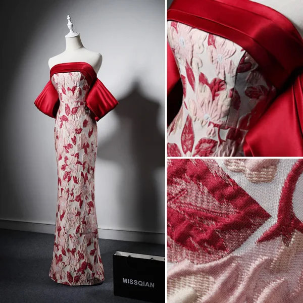 Vintage / Retro Burgundy Printing Evening Dresses 2022 Trumpet / Mermaid Off-The-Shoulder Short Sleeve Backless Floor-Length / Long Evening Party Formal Dresses