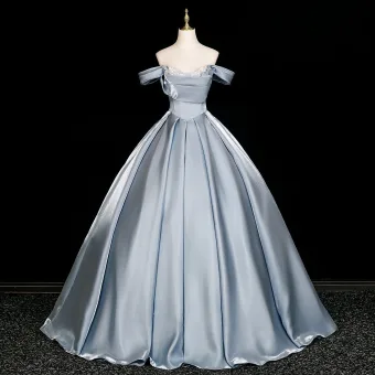 Élégant Bleu Ciel En Dentelle Fleur Robe De Bal 2026 Robe Boule De L Épaule Manches Courtes Dos Nu Longue Robe De Ceremonie