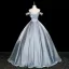 Elegant Sky Blue Lace Flower Prom Dresses 2026 Ball Gown Off-The-Shoulder Short Sleeve Backless Floor-Length / Long Formal Dresses
