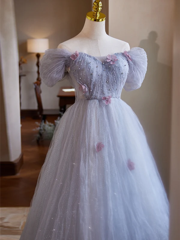 Chic / Beautiful Lavender Beading Appliques Prom Dresses 2024 A-Line / Princess Off-The-Shoulder Short Sleeve Backless Floor-Length / Long Tulle Prom Formal Dresses