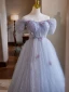Chic / Beautiful Lavender Beading Appliques Prom Dresses 2024 A-Line / Princess Off-The-Shoulder Short Sleeve Backless Floor-Length / Long Tulle Prom Formal Dresses