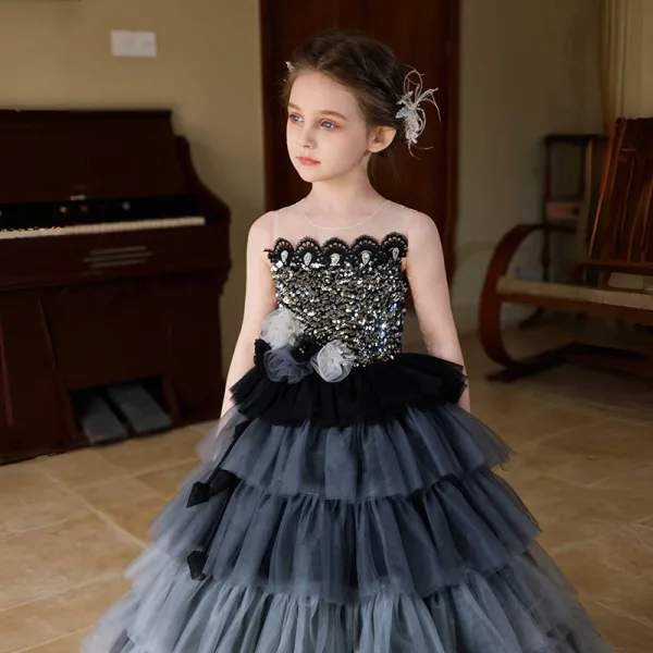 Chic / Beautiful Black Gradient-Color Rhinestone Sequins Cascading Ruffles Flower Girl Dresses 2025 Ball Gown Scoop Neck Birthday Sleeveless Backless Floor-Length / Long