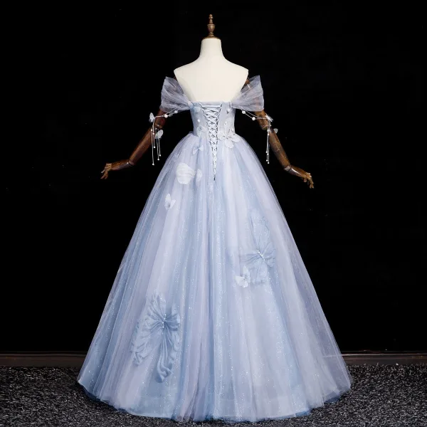 Elegant Sky Blue Butterfly Appliques Pearl Sequins Prom Dresses 2023 A-Line / Princess Off-The-Shoulder Sleeveless Backless Floor-Length / Long Prom Formal Dresses