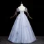 Elegant Sky Blue Butterfly Appliques Pearl Sequins Prom Dresses 2023 A-Line / Princess Off-The-Shoulder Sleeveless Backless Floor-Length / Long Prom Formal Dresses