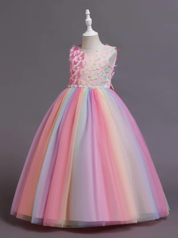 Chic / Beautiful Blushing Pink Butterfly Appliques Rainbow Birthday Flower Girl Dresses 2024 Ball Gown Scoop Neck Sleeveless Bow Sash Floor-Length / Long