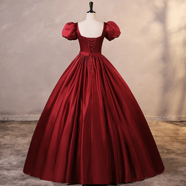Elegant Burgundy Satin Prom Dresses 2023 Ball Gown Square Neckline Puffy Short Sleeve Backless Rhinestone Sash Floor-Length / Long Prom Formal Dresses