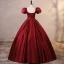 Elegant Burgundy Satin Prom Dresses 2023 Ball Gown Square Neckline Puffy Short Sleeve Backless Rhinestone Sash Floor-Length / Long Prom Formal Dresses