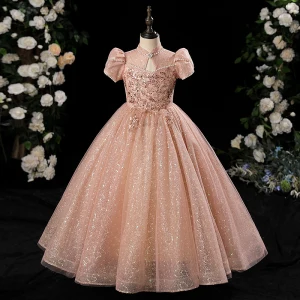Chic Beautiful Champagne Beading Pearl Sequins Birthday Flower Girl Dresses 2024 Ball Gown High Neck Short Sleeve Floor Length Long
