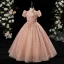 Chic / Beautiful Champagne Beading Pearl Sequins Birthday Flower Girl Dresses 2024 Ball Gown High Neck Short Sleeve Floor-Length / Long