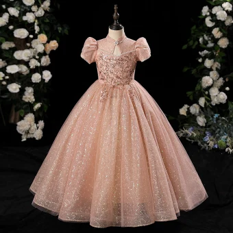 Chic Beautiful Champagne Beading Pearl Sequins Birthday Flower Girl Dresses 2024 Ball Gown High Neck Short Sleeve Floor Length Long