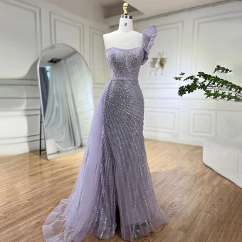 Charming High End Lavender Glitter Sequins Evening Dresses 2024 Trumpet Mermaid One Shoulder Sleeveless Backless Sweep Train Evening Party Formal Dresses