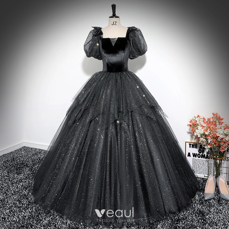Gown With Black Poofy Prom Dresses Elegant Black Glitter Prom Dresses 2024  Ball Gown Square Neckline