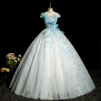 Mode Bleu Ciel Perlage Paillettes Robe De Bal 2022 Robe Boule Volants De L Épaule Sans Manches Dos Nu Longue Promo Robe De Ceremonie