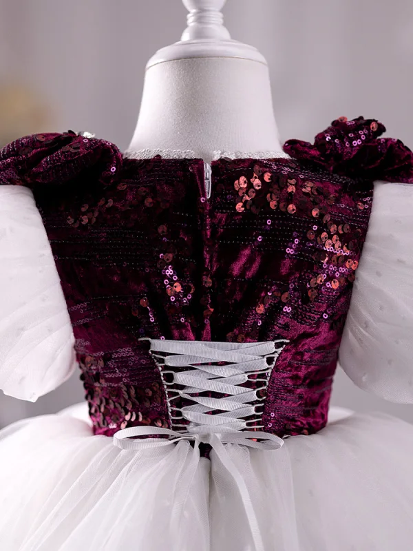 Chic / Belle Bordeaux Paillettes Anniversaire Robe Ceremonie Fille 2024 Robe Boule Encolure Dégagée Gonflée Manches Courtes Longue Robe Ceremonie Fille