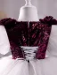 Chic / Belle Bordeaux Paillettes Anniversaire Robe Ceremonie Fille 2024 Robe Boule Encolure Dégagée Gonflée Manches Courtes Longue Robe Ceremonie Fille