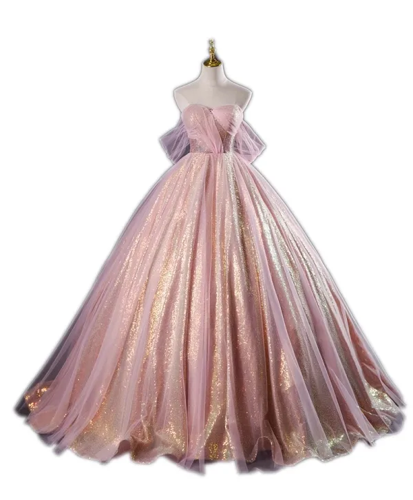 Chic / Beautiful Blushing Pink Glitter Sequins Prom Dresses 2023 Ball Gown Strapless Sleeveless Backless Floor-Length / Long Prom Formal Dresses