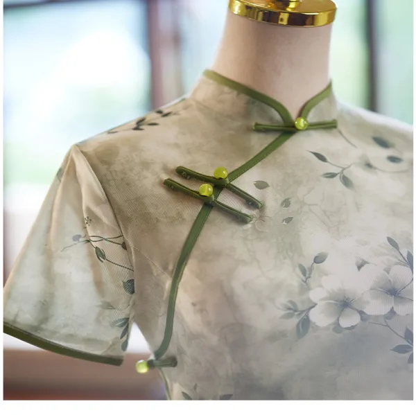 Chinese style Summer Sage Green Printing Floor-Length / Long Cheongsam 2024 Trumpet / Mermaid High Neck Short Sleeve