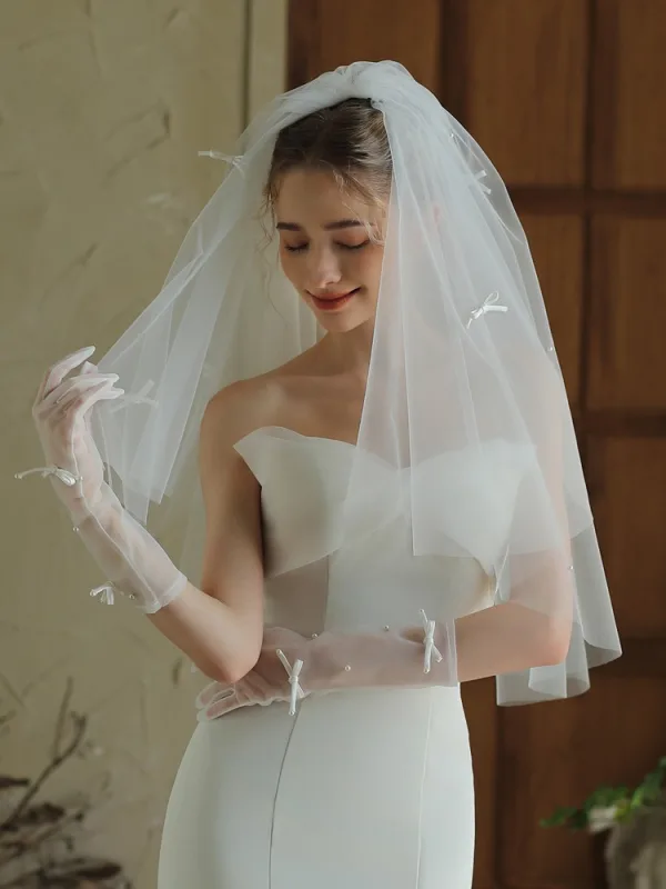 Élégant Blanche Fait main Noeud Mariage La Mariée Gants Mariage Voile De Mariée 2025 Tulle