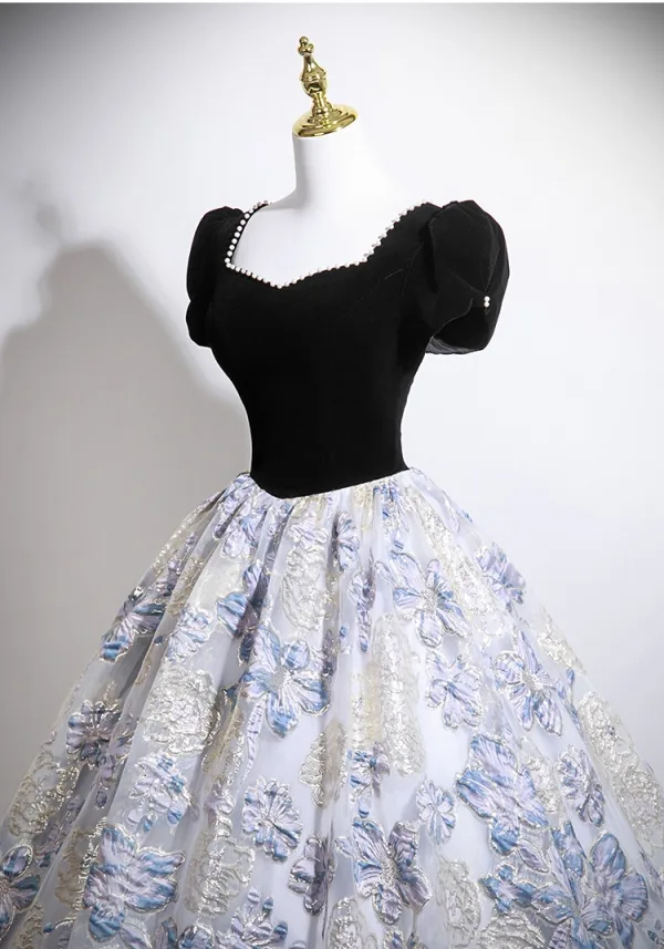 Elegant Black Printing Velvet Prom Dresses 2025 Ball Gown Square Neckline Puffy Short Sleeve Backless Floor-Length / Long Formal Dresses