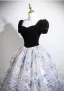 Elegant Black Printing Velvet Prom Dresses 2025 Ball Gown Square Neckline Puffy Short Sleeve Backless Floor-Length / Long Formal Dresses