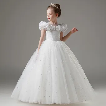 Chic Beautiful White Star Sequins Butterfly Embroidered Wedding Flower Girl Dresses 2025 Ball Gown Scoop Neck Short Sleeve Floor Length Long Flower Girl Dresses