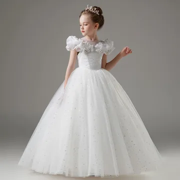 Chic Belle Blanche Étoile Paillettes Papillon Brodé Mariage Robe Ceremonie Fille 2025 Robe Boule Encolure Dégagée Manches Courtes Longue Robe Ceremonie Fille
