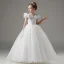 Chic / Belle Blanche Étoile Paillettes Papillon Brodé Mariage Robe Ceremonie Fille 2025 Robe Boule Encolure Dégagée Manches Courtes Longue Robe Ceremonie Fille