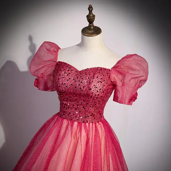 Elegante Rot Pailletten Ballkleider 2022 Ballkleid Eckiger Ausschnitt Geschwollenes Kurze Ärmel Rückenfreies Lange Ball Festliche Kleider