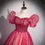 Elegante Rot Pailletten Ballkleider 2022 Ballkleid Eckiger Ausschnitt Geschwollenes Kurze Ärmel Rückenfreies Lange Ball Festliche Kleider