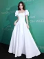 Élégant Ivoire Satin Robe De Bal 2022 Princesse Encolure Carrée Gonflée Manches Courtes Dos Nu Noeud Longue Robe De Ceremonie