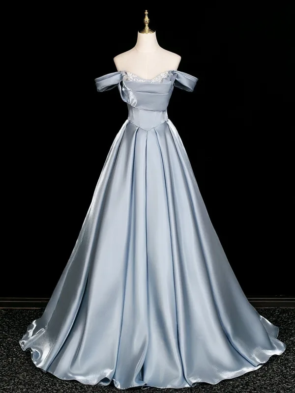 Elegant Sky Blue Lace Flower Prom Dresses 2026 Ball Gown Off-The-Shoulder Short Sleeve Backless Floor-Length / Long Formal Dresses